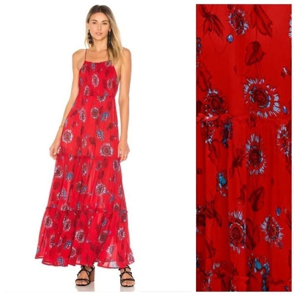 Free People Intimately Garden Partyโ Red Floral Maxi Dress Boho Bohemian XS $128